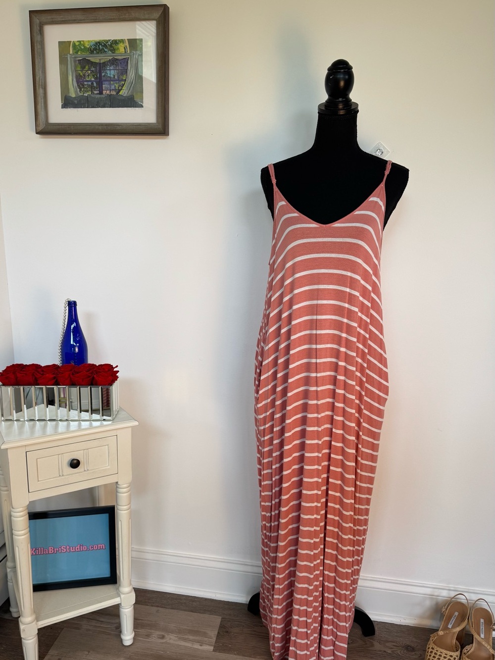 Striped Pink Spaghetti Strap Maxi Dress